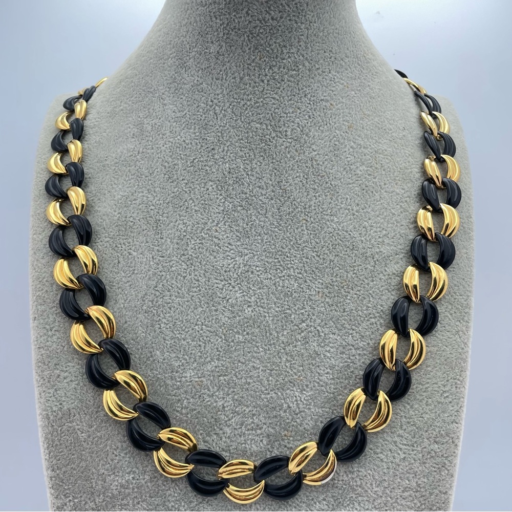 Stunning Vintage Black & Gold Interlocking Link Necklace 24” Statement